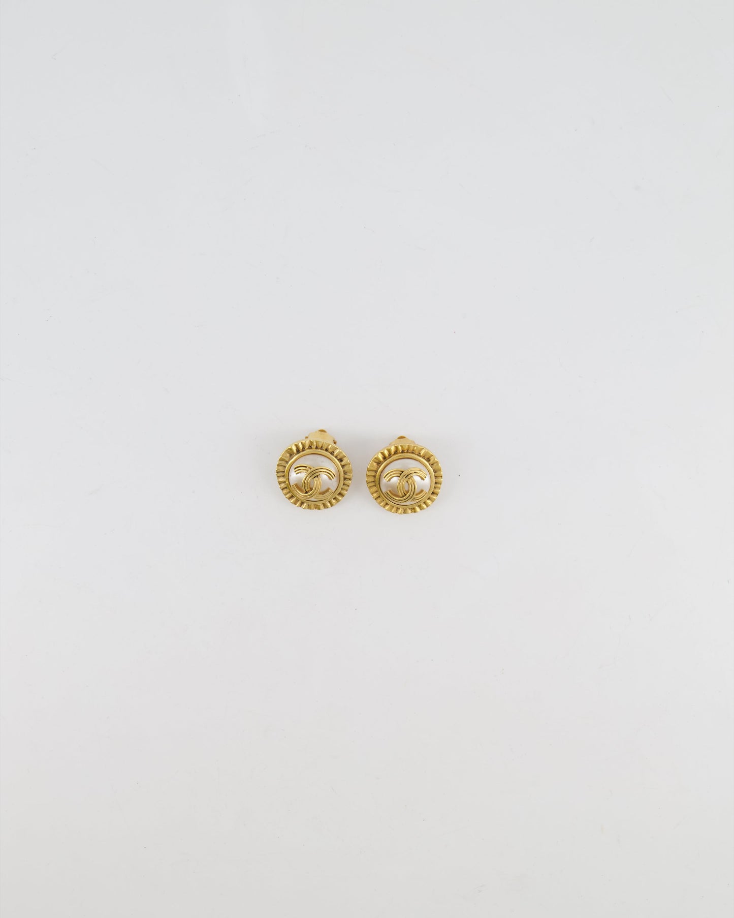 Chanel Mother of Pearl and Gold Clip on Earrings with Rouched Border Detail and CC Logo Jewelry