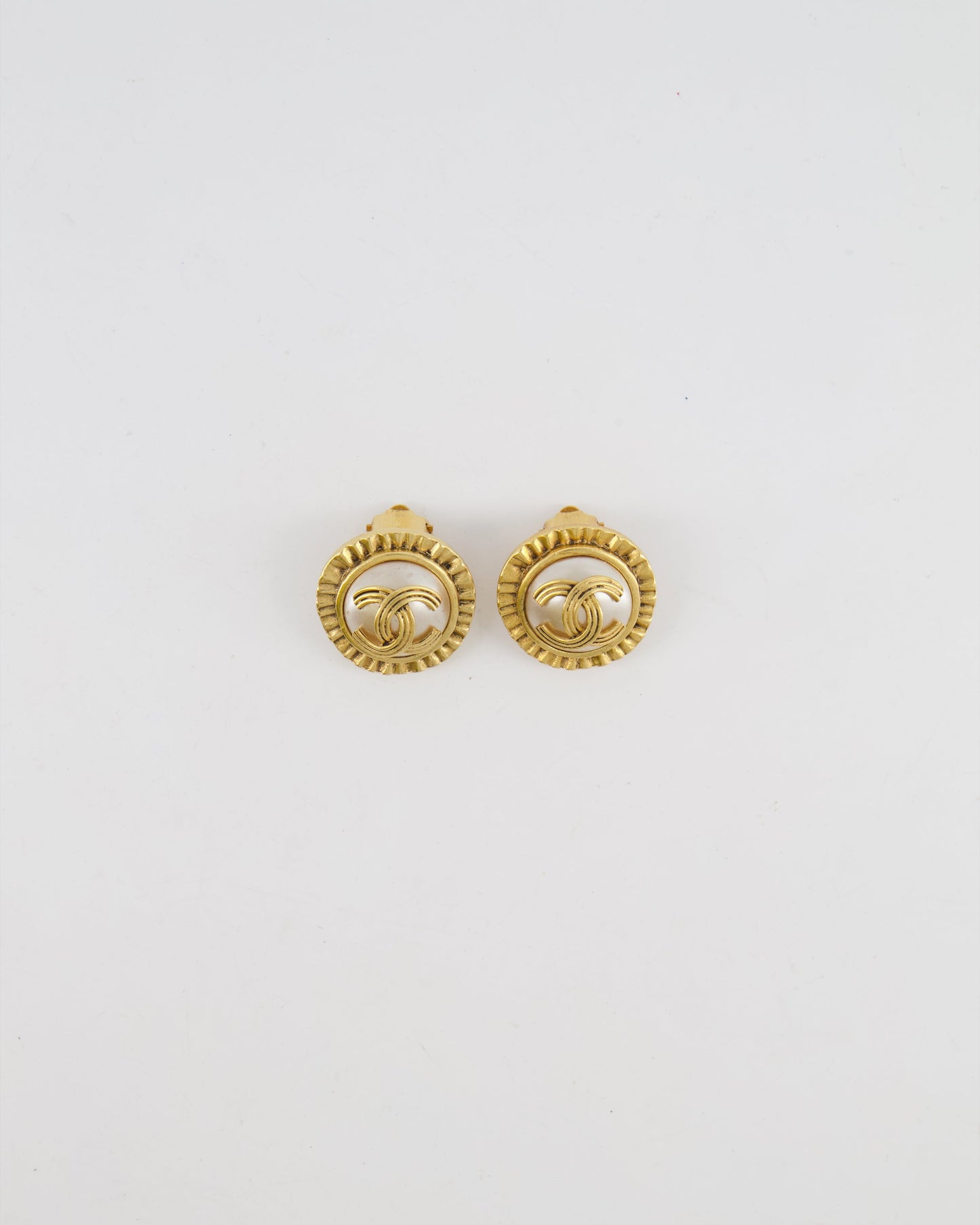 Chanel Mother of Pearl and Gold Clip on Earrings with Rouched Border Detail and CC Logo Jewelry