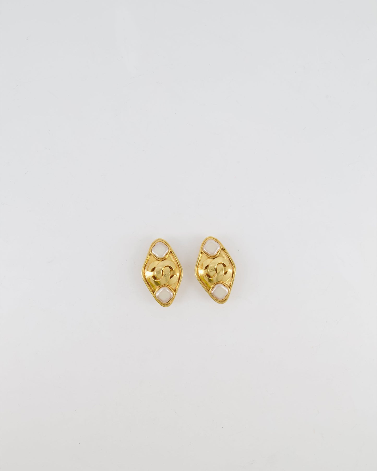 Chanel Gold Rhombus Shaped Clip on Earrings with Mother of Pearl and CC Logo Jewelry