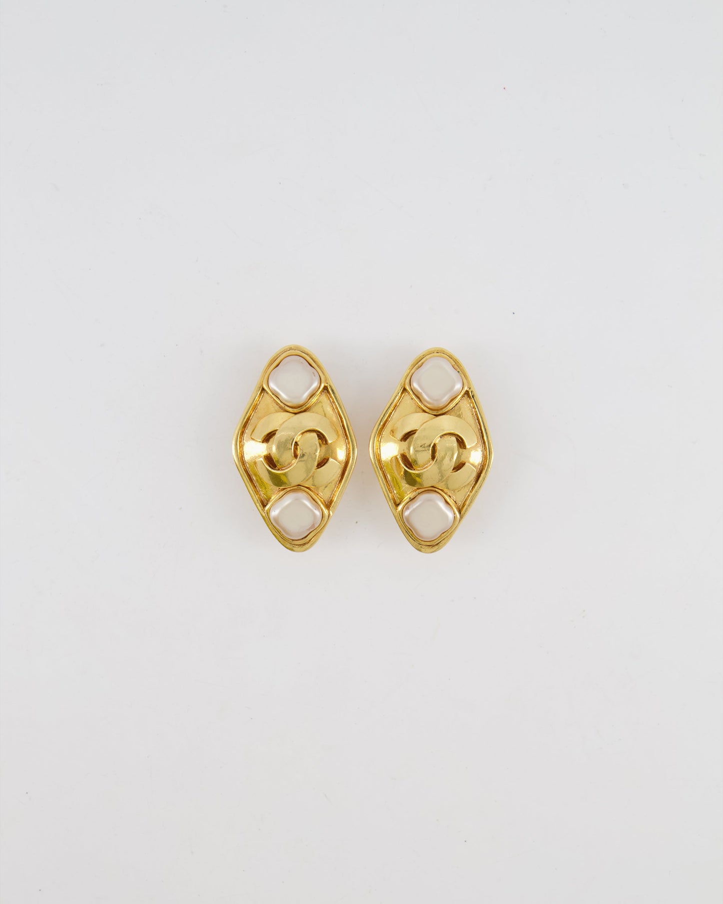 Chanel Gold Rhombus Shaped Clip on Earrings with Mother of Pearl and CC Logo Jewelry