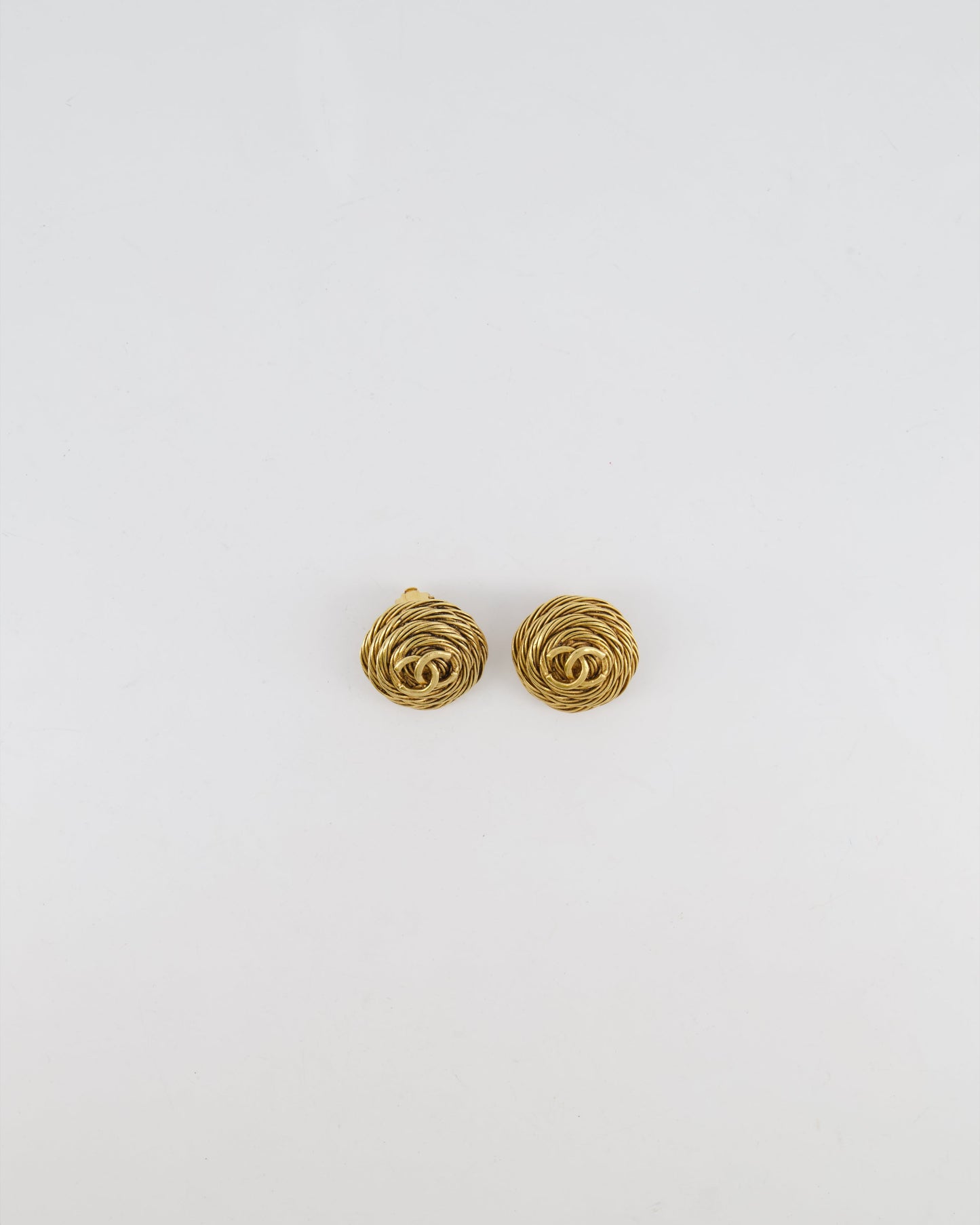 Chanel Gold Round Cabled Spiral Clip on Earrings with CC Logo Detail Jewelry