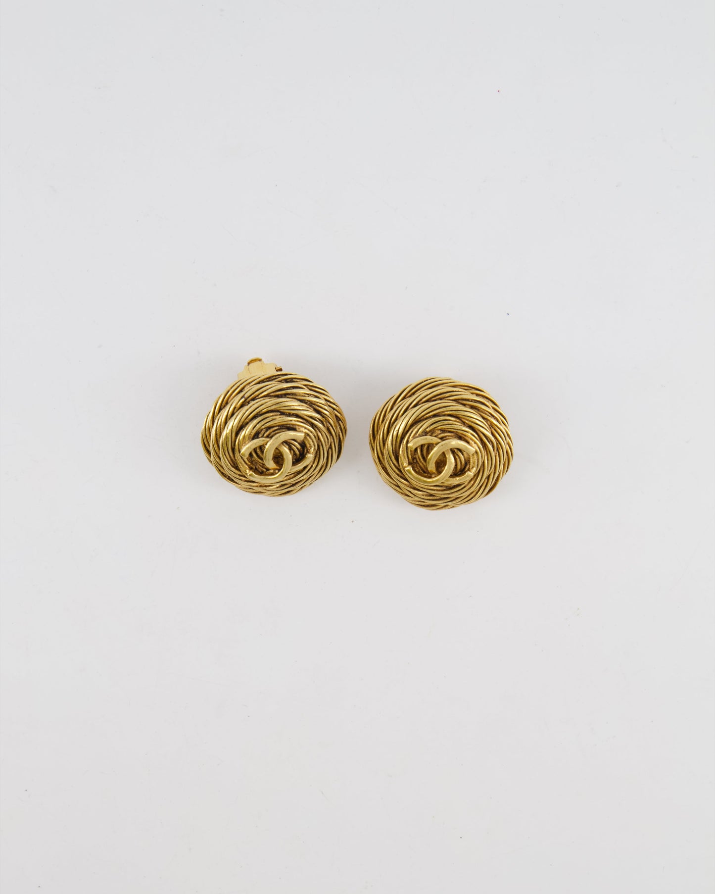 Chanel Gold Round Cabled Spiral Clip on Earrings with CC Logo Detail Jewelry