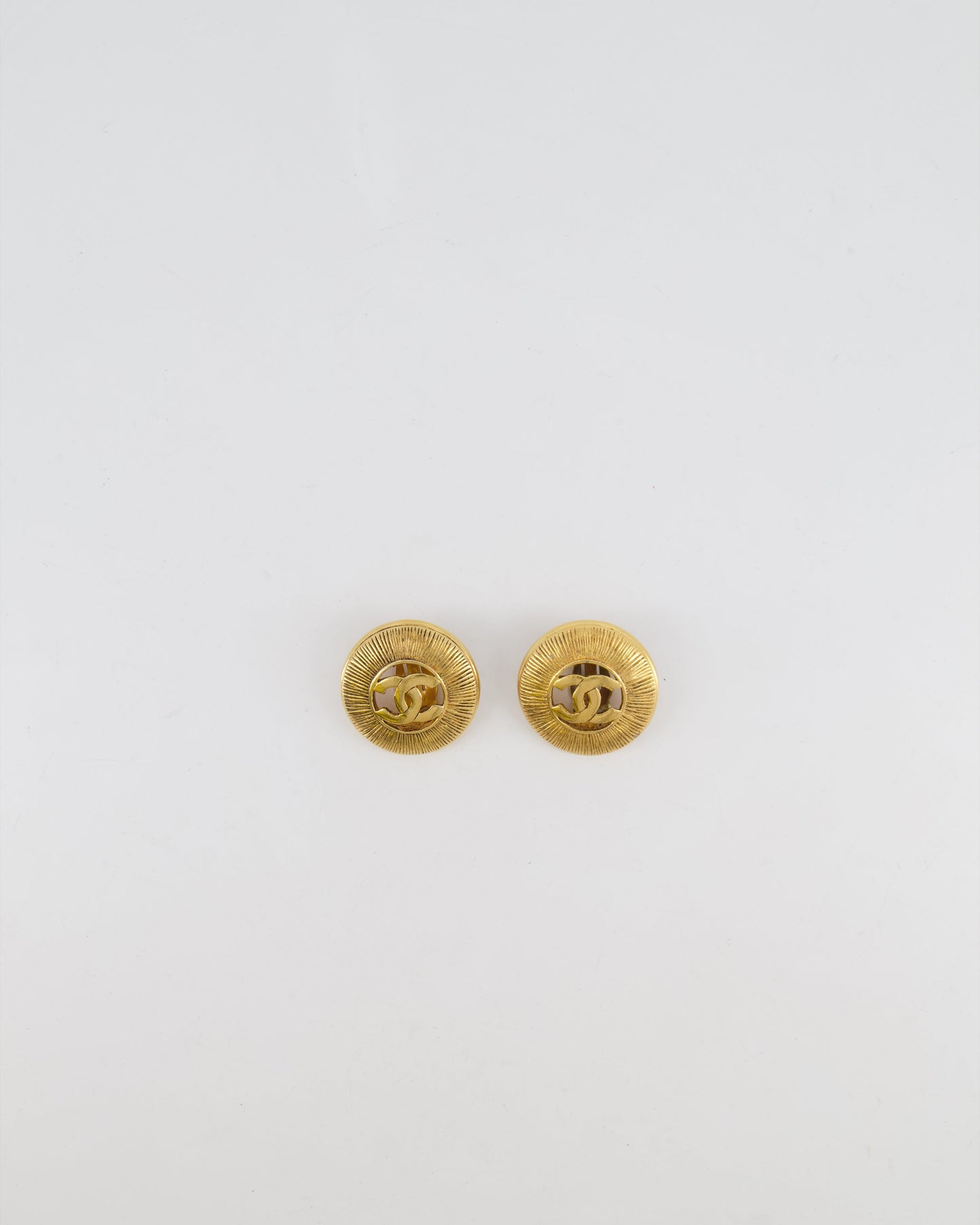 Chanel Gold Large Round Button Clip On Earrings with Striped Detail and CC Logo Jewelry