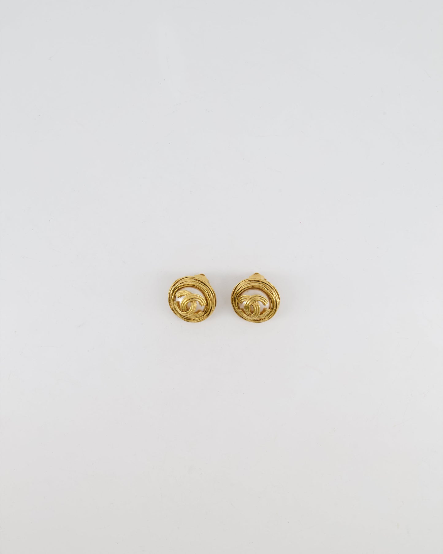 Chanel Gold Spiral Round Clip On Earrings with Embedded Pearl and Gold CC Logo Jewelry