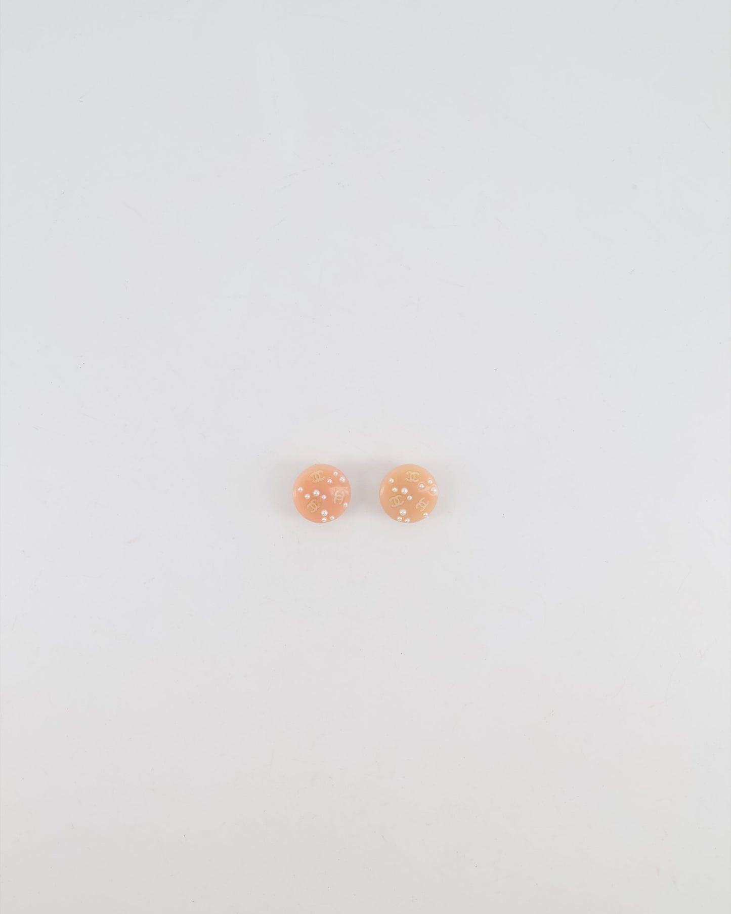 Chanel Blush Pink Round Clip On Earrings with Pearl Embellishments and CC Logo Details Jewelry