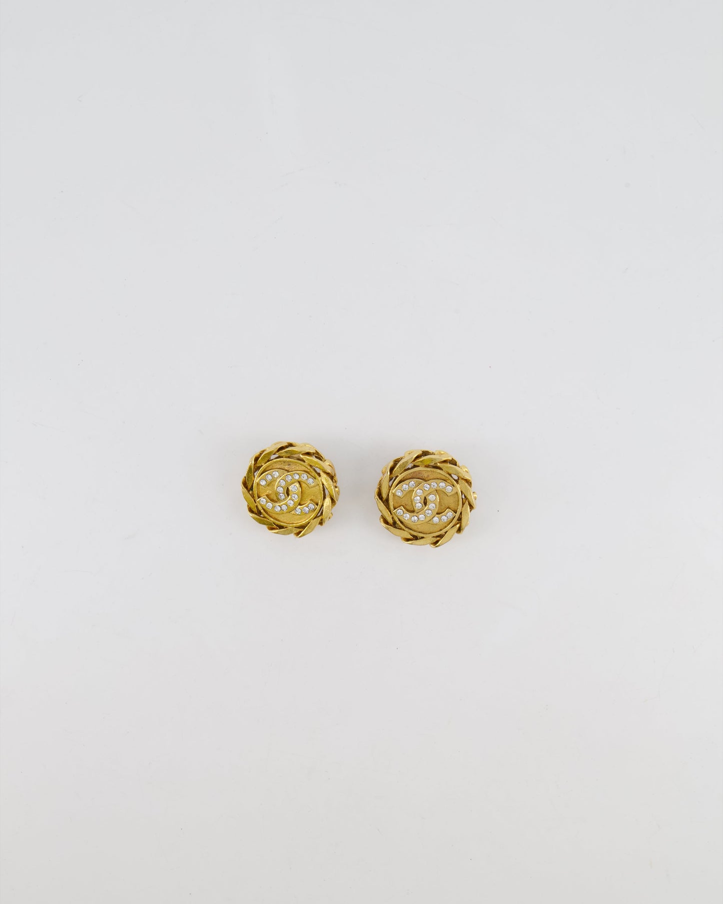 Chanel Gold Round Chain Link Clip On Earrings with Crystal Embellished CC Logo Jewelry