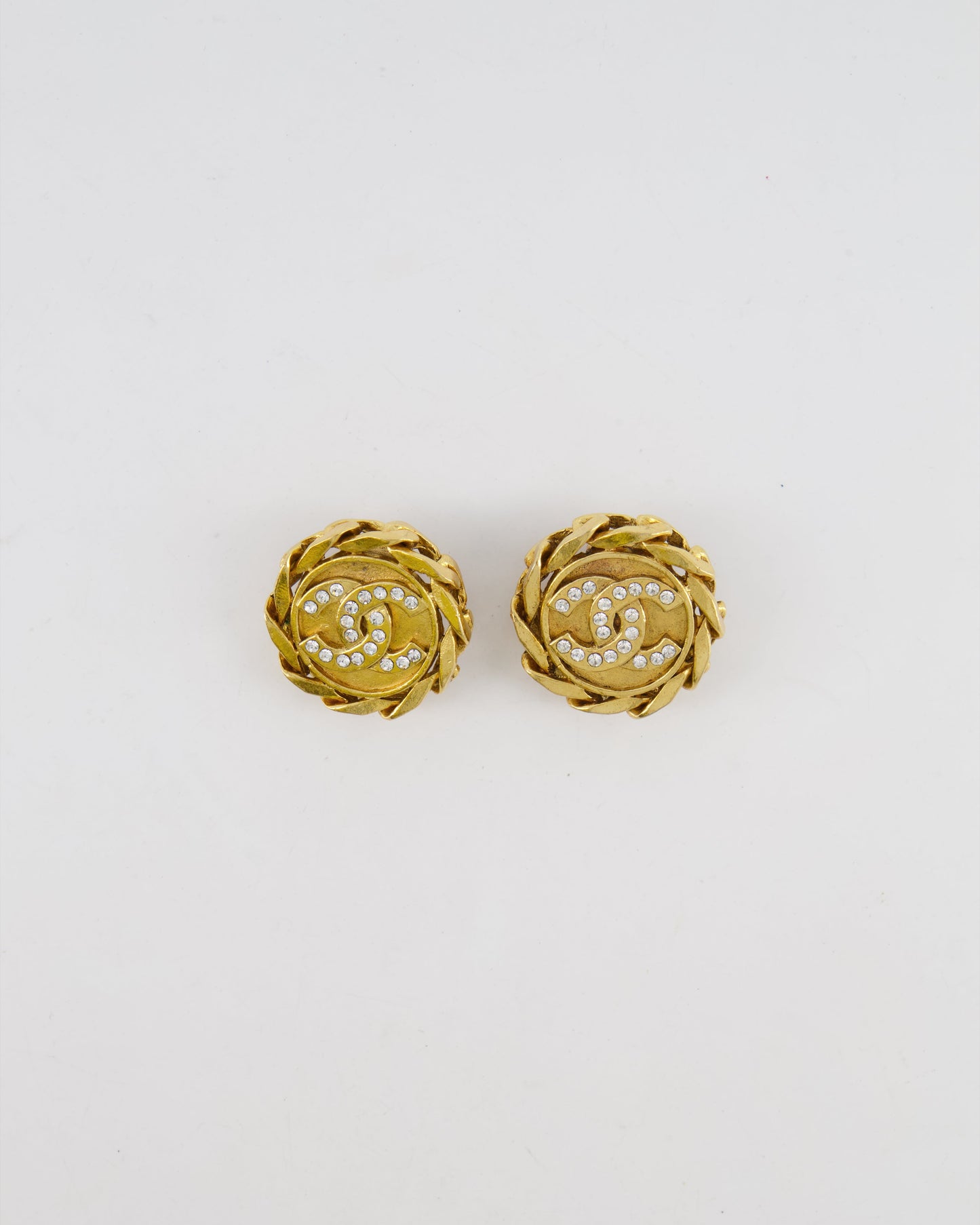 Chanel Gold Round Chain Link Clip On Earrings with Crystal Embellished CC Logo Jewelry