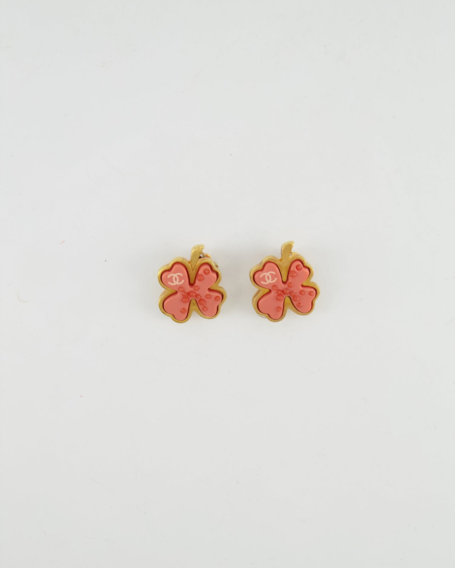 Chanel Brushed Gold and Pink Clover Clip On Earrings with CC Logo and Beads Details Jewelry