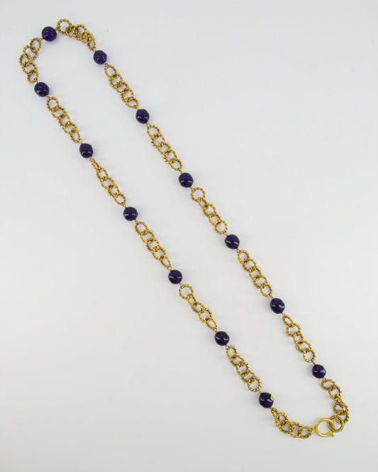 Chanel 2005 Brushed Gold Chain Necklace with Navy Blue Stones