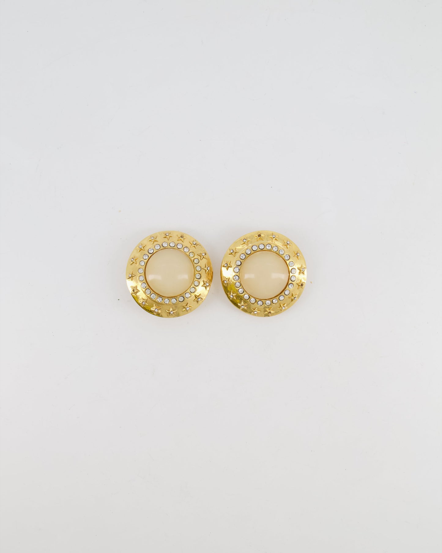 Chanel 2003 Gold Large Round Clip On Earrings with Beige Stone, Stars and Crystal Embellishments Jewelry