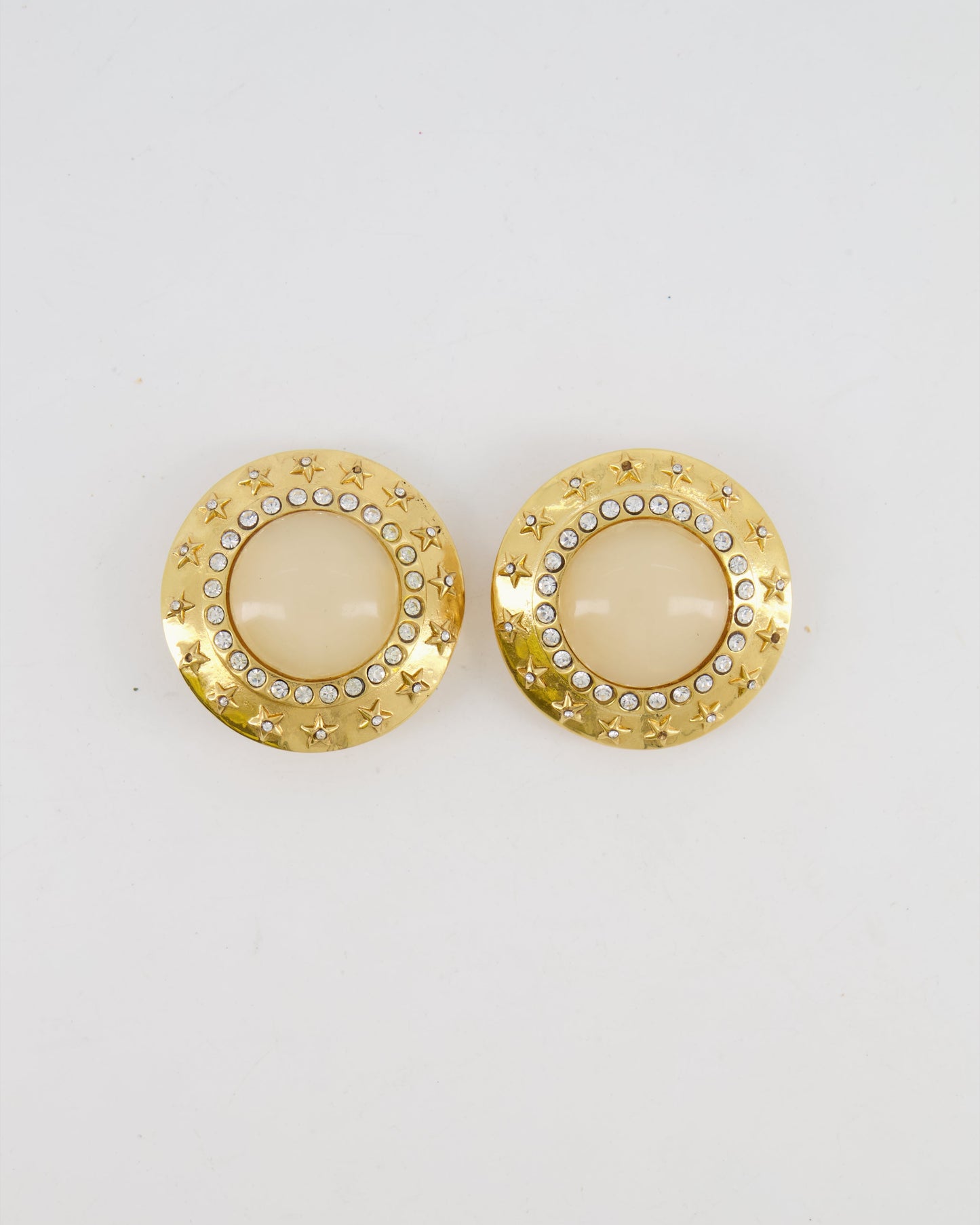 Chanel 2003 Gold Large Round Clip On Earrings with Beige Stone, Stars and Crystal Embellishments Jewelry