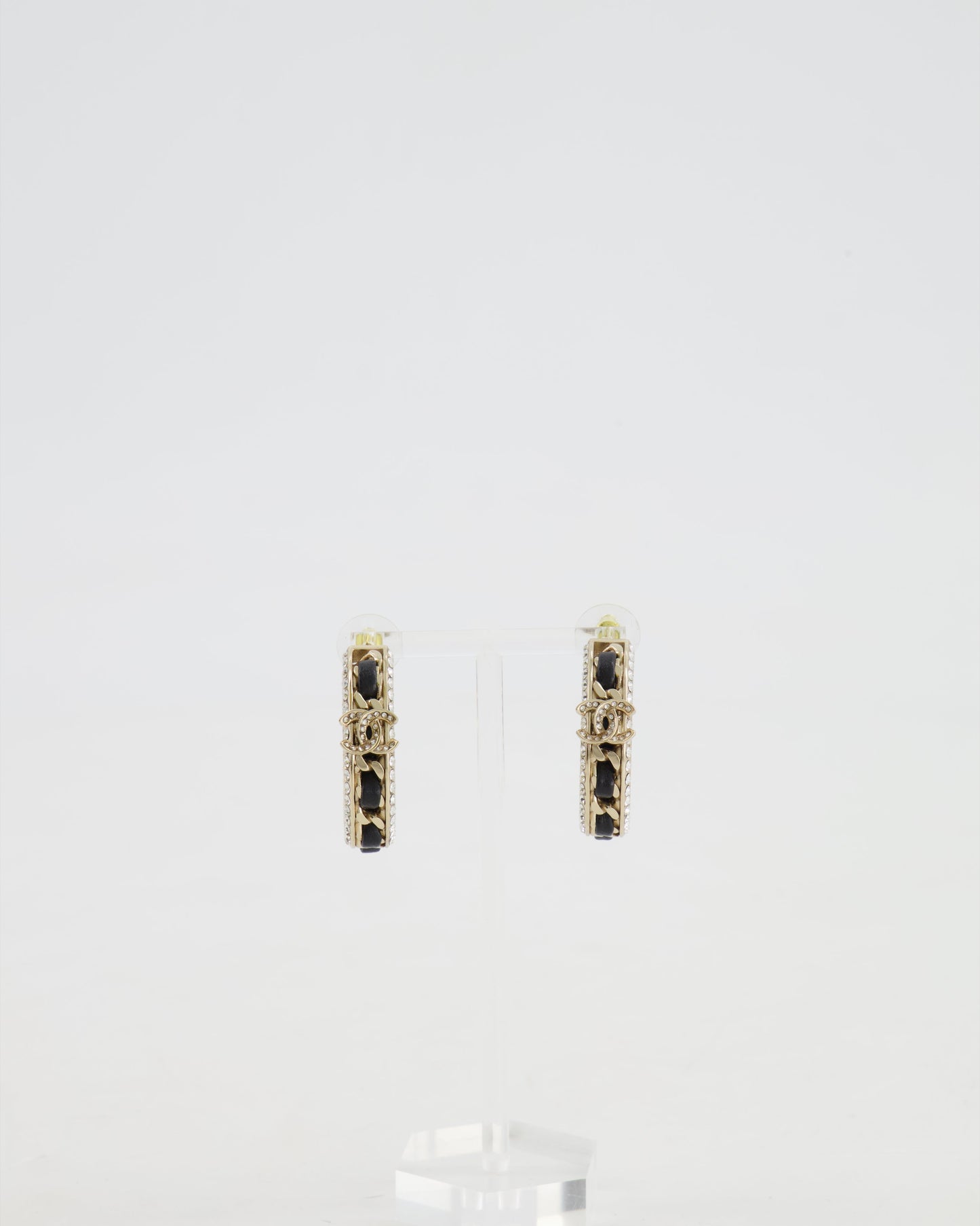 Chanel 2023 Gold, Black Leather and Crystal Embellished CC Logo Hoop Earrings Jewelry