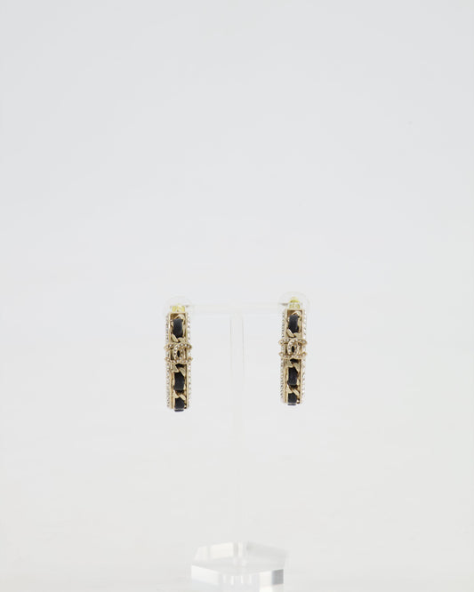 Chanel 2023 Gold, Black Leather and Crystal Embellished CC Logo Hoop Earrings Jewelry
