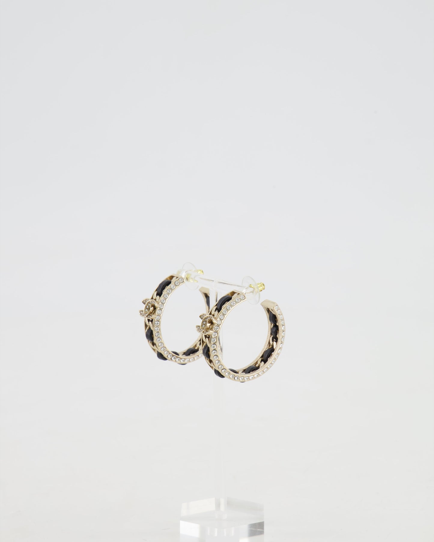 Chanel 2023 Gold, Black Leather and Crystal Embellished CC Logo Hoop Earrings Jewelry