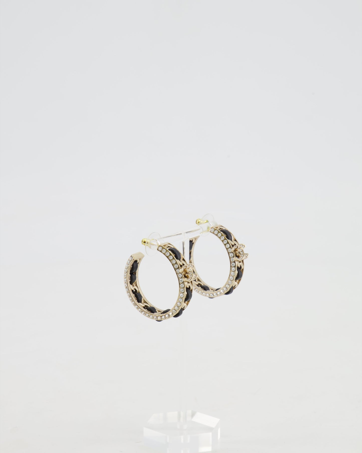 Chanel 2023 Gold, Black Leather and Crystal Embellished CC Logo Hoop Earrings Jewelry