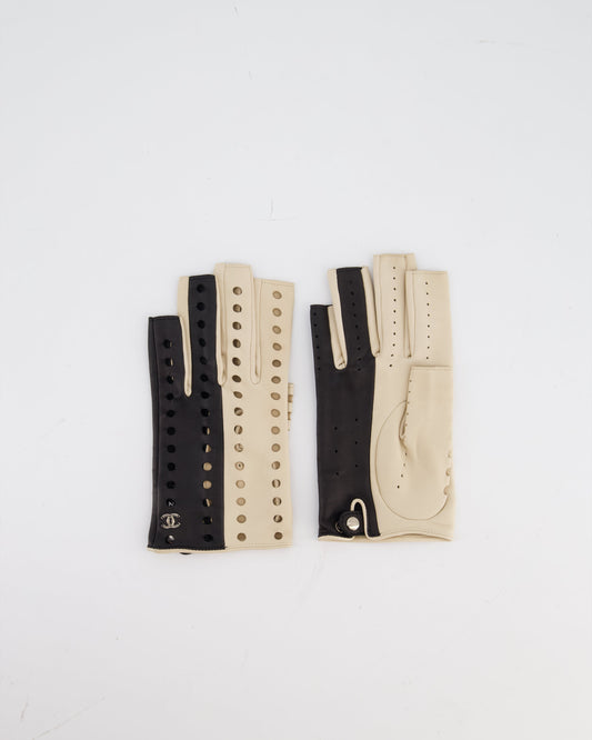 Chanel Black and Beige Perforated Fingerless Leather Gloves Size 7.5 Accessory