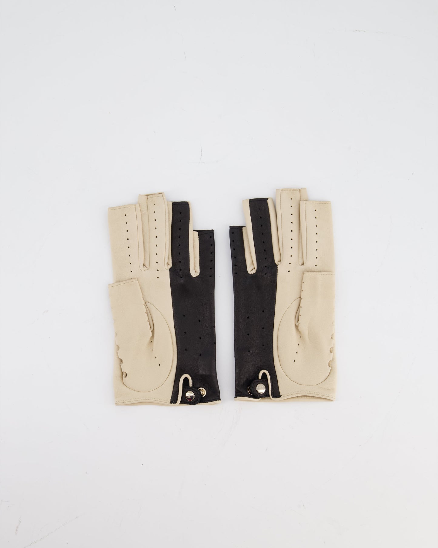 Chanel Black and Beige Perforated Fingerless Leather Gloves Size 7.5 Accessory