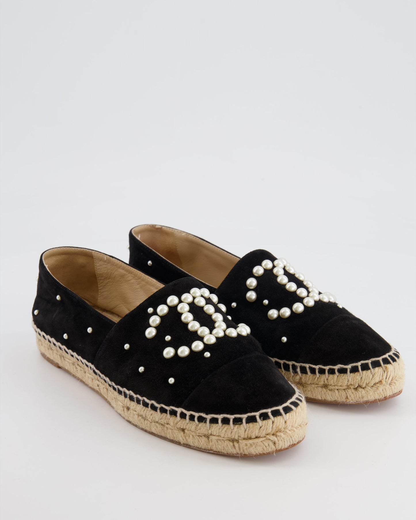 Chanel Black Suede Espadrilles with Pearl Embellishments and CC Logo Size EU 38 Accessory