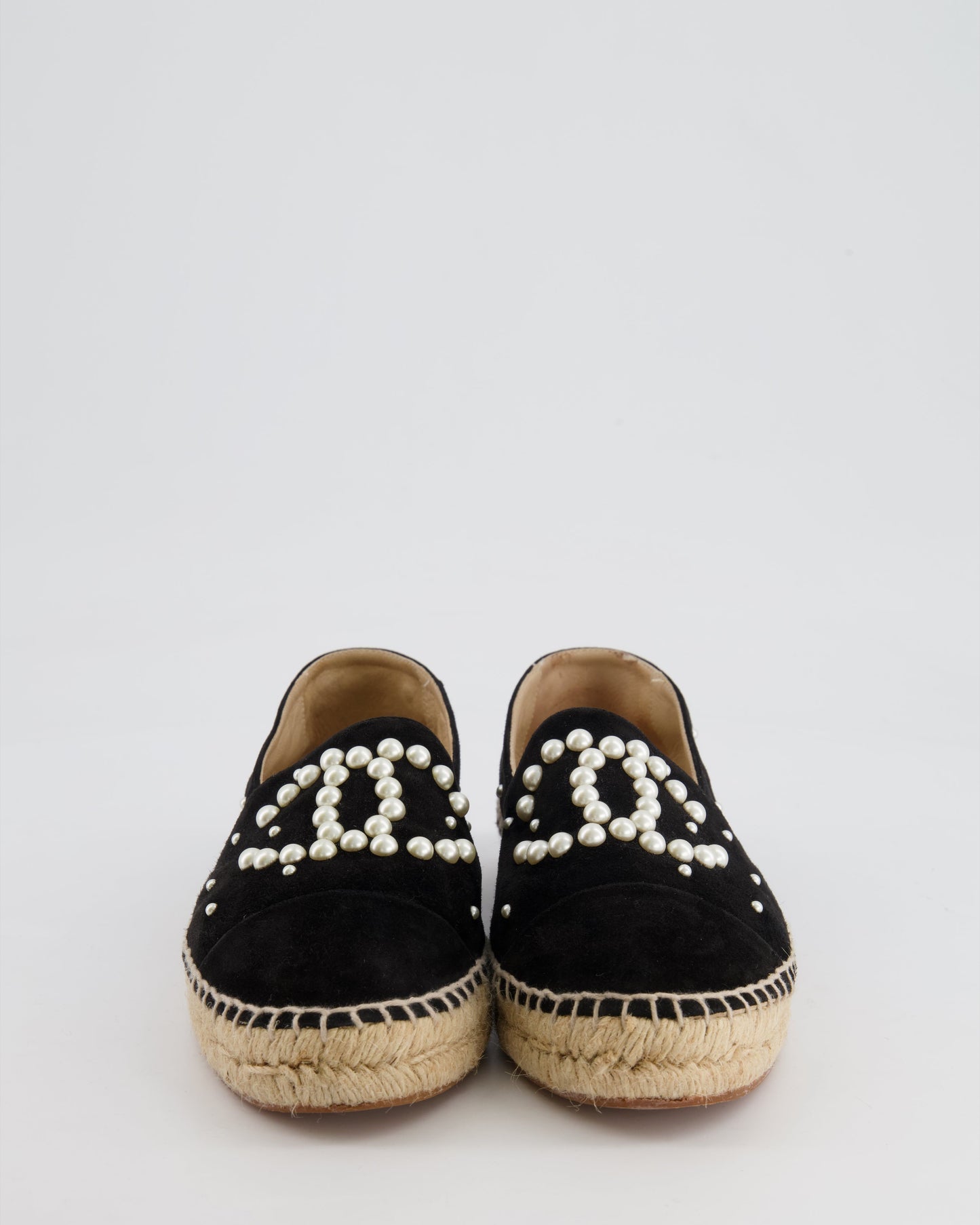 Chanel Black Suede Espadrilles with Pearl Embellishments and CC Logo Size EU 38 Accessory