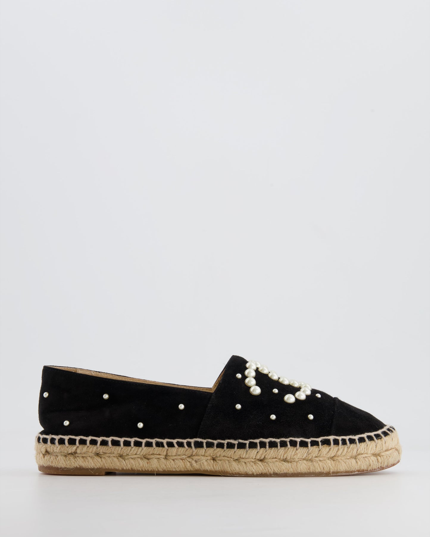 Chanel Black Suede Espadrilles with Pearl Embellishments and CC Logo Size EU 38 Accessory