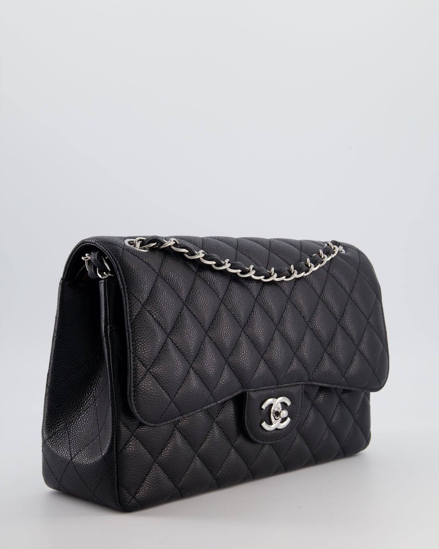 Black Jumbo Classic Double Flap Bag in Caviar Leather with Silver Hardware Signature