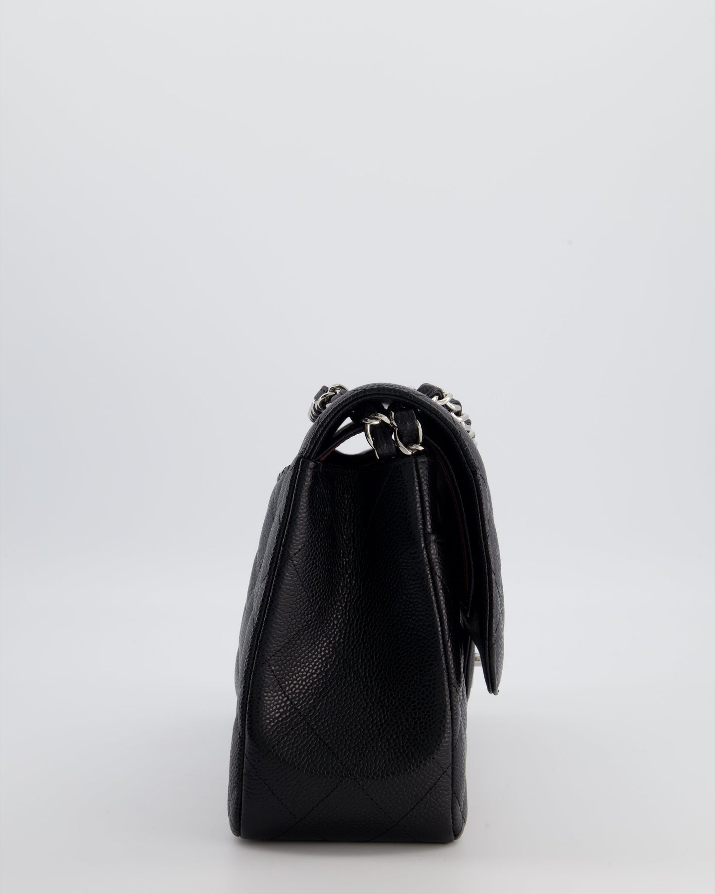 Black Jumbo Classic Double Flap Bag in Caviar Leather with Silver Hardware Signature