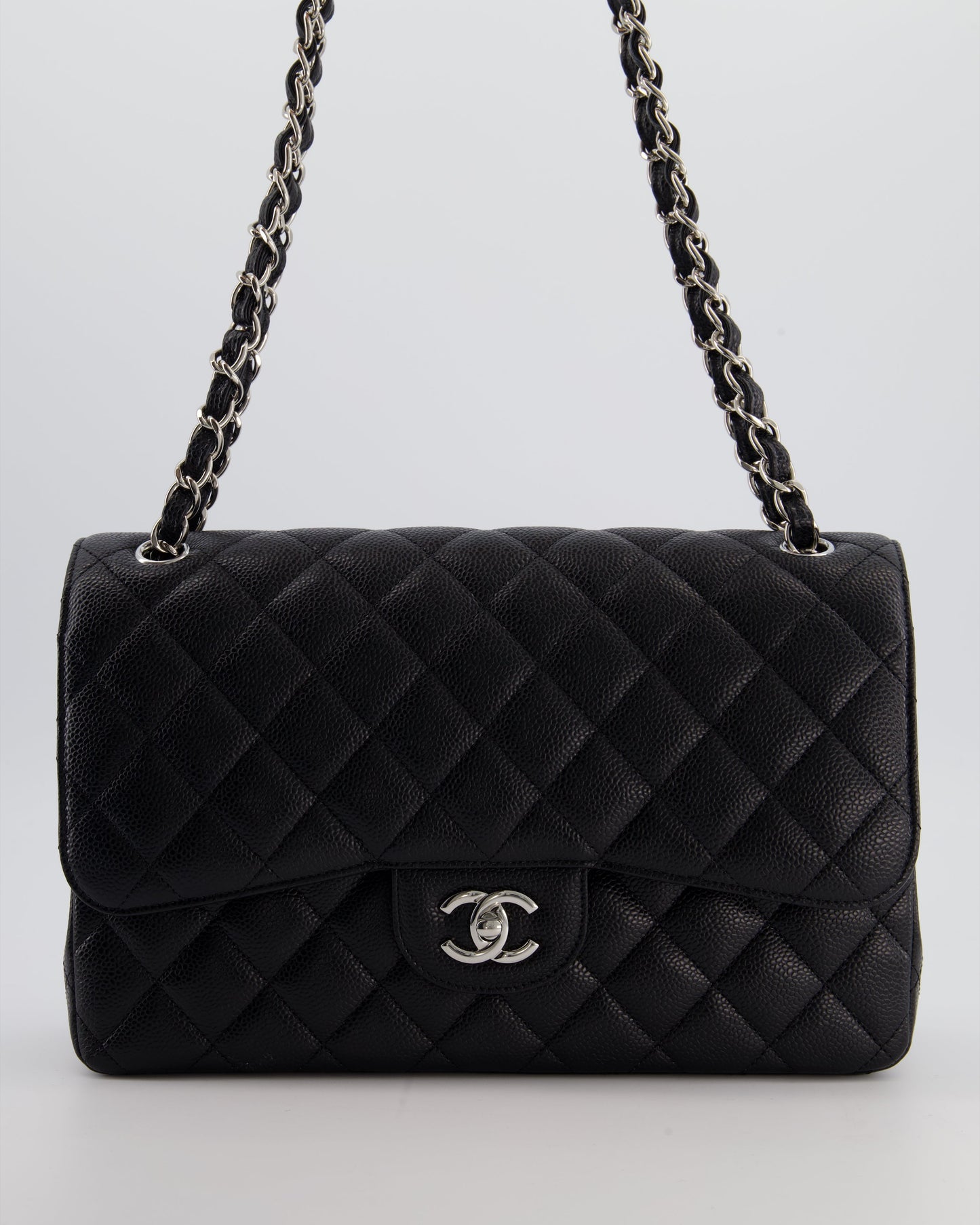 Black Jumbo Classic Double Flap Bag in Caviar Leather with Silver Hardware Signature