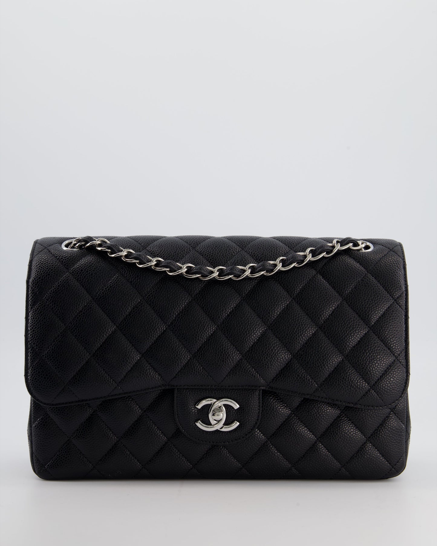 Black Jumbo Classic Double Flap Bag in Caviar Leather with Silver Hardware Signature