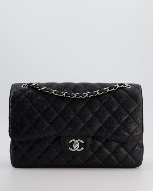 Black Jumbo Classic Double Flap Bag in Caviar Leather with Silver Hardware Signature