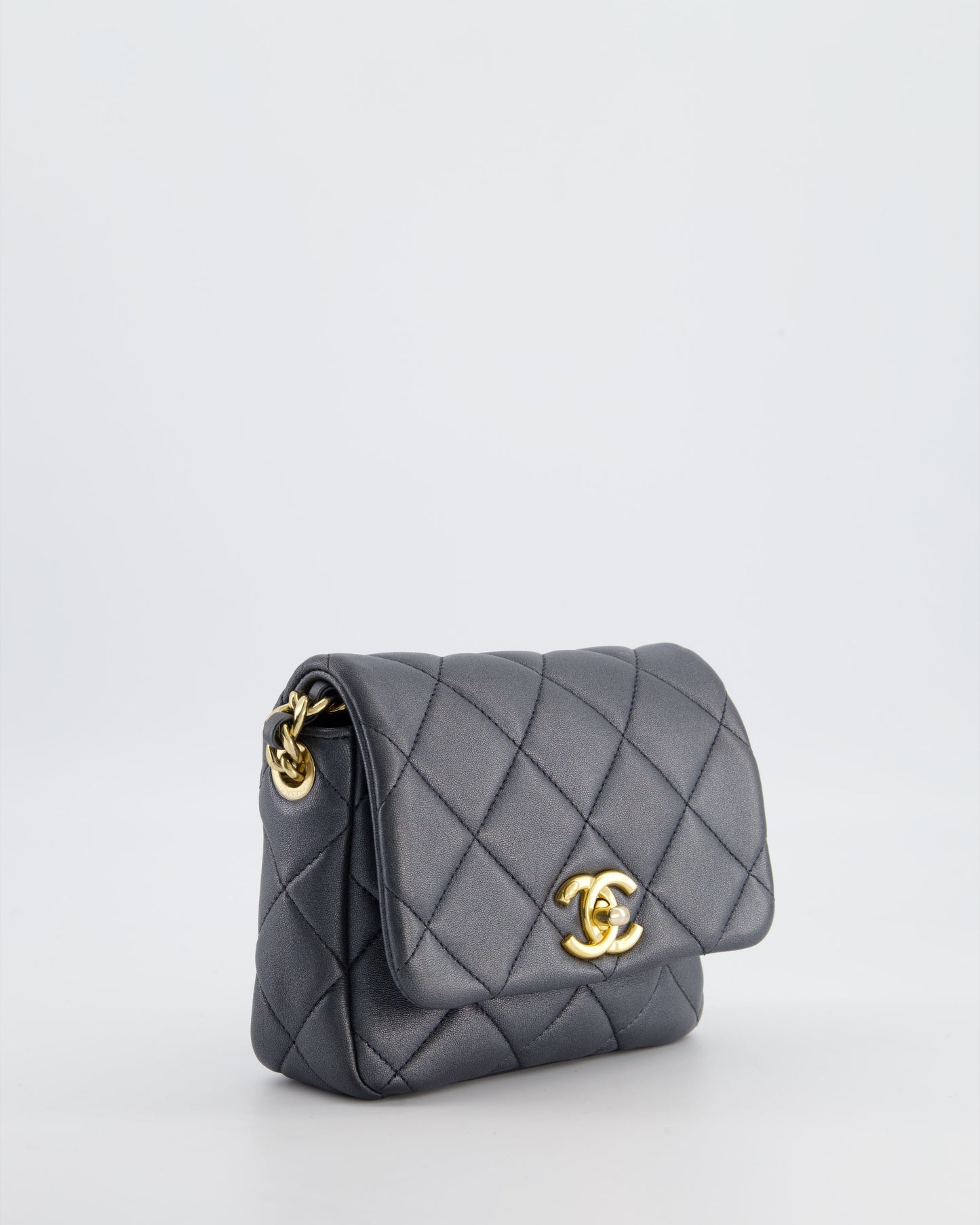 Chanel Dark Metallic Silver Small Flap Bag in Lambskin Leather with Gold Hardware and Charm Chain