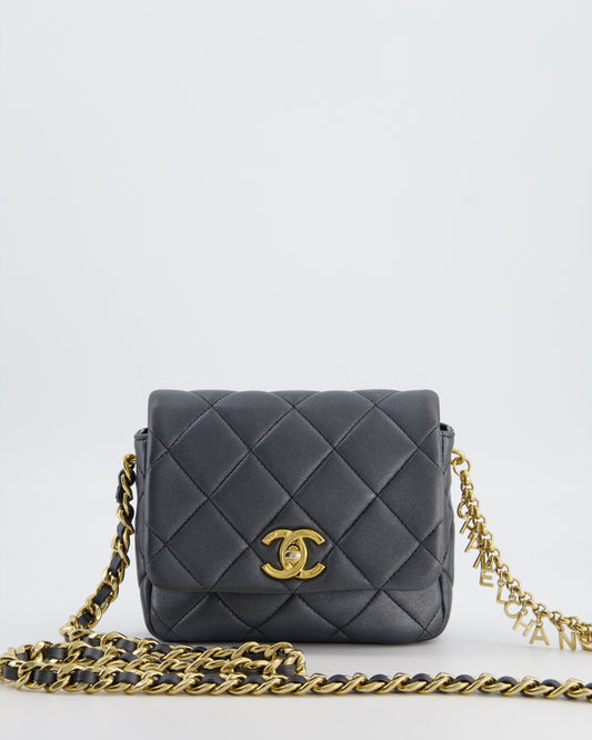 Chanel Dark Metallic Silver Small Flap Bag in Lambskin Leather with Gold Hardware and Charm Chain