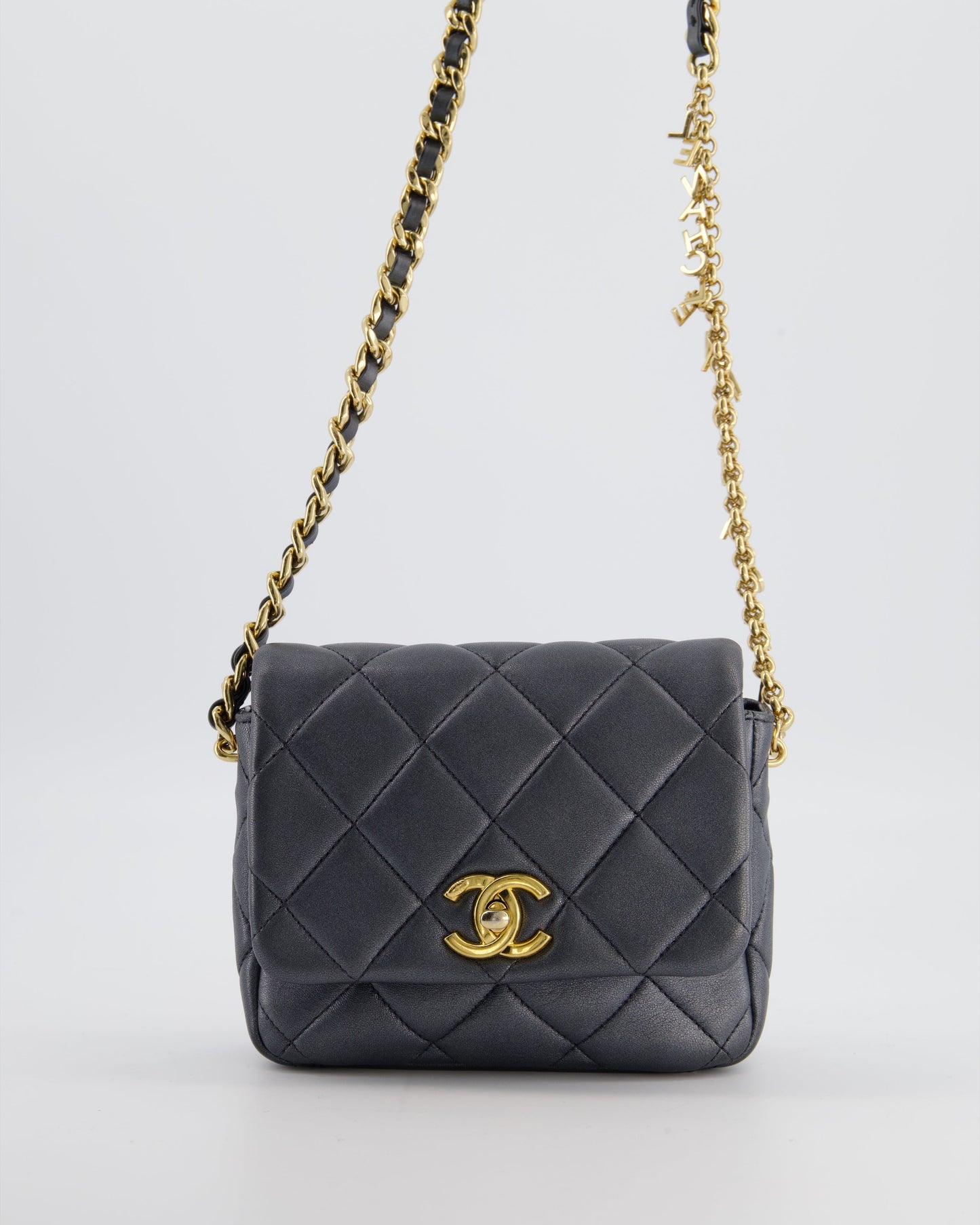 Chanel Dark Metallic Silver Small Flap Bag in Lambskin Leather with Gold Hardware and Charm Chain