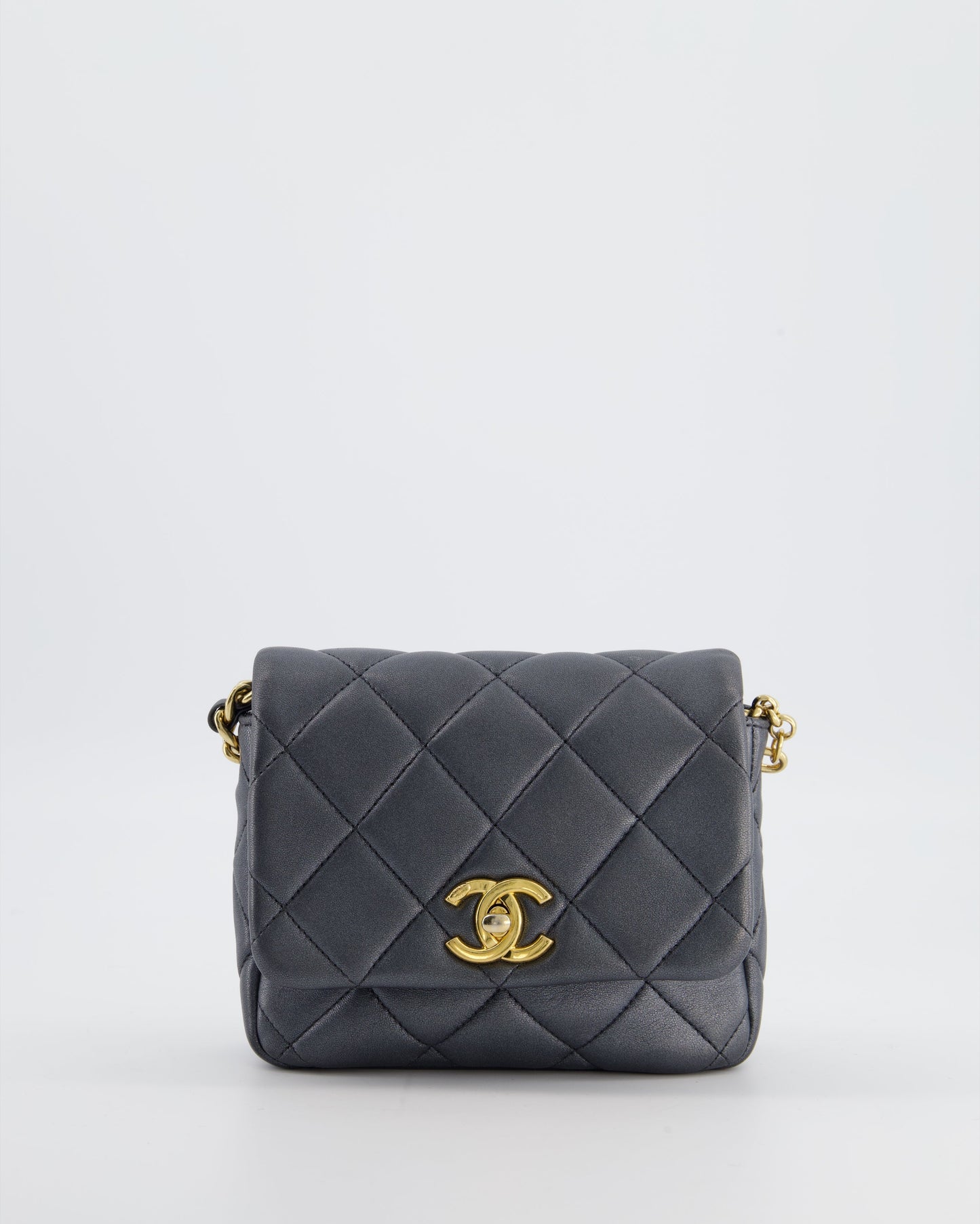 Chanel Dark Metallic Silver Small Flap Bag in Lambskin Leather with Gold Hardware and Charm Chain
