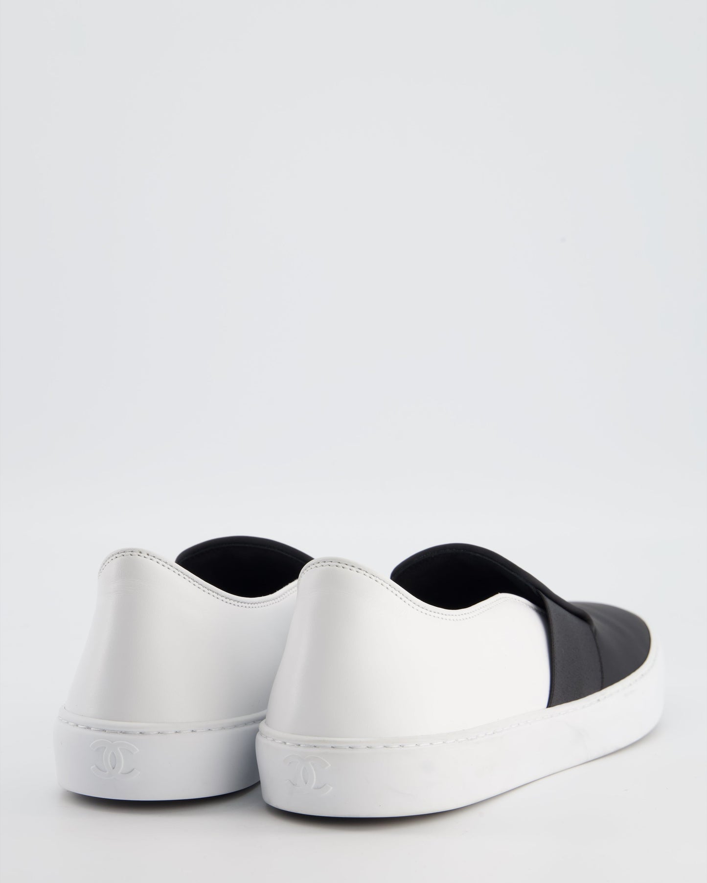 Chanel Black & White Calfskin Leather Slip-On Trainers EU 40 Accessory