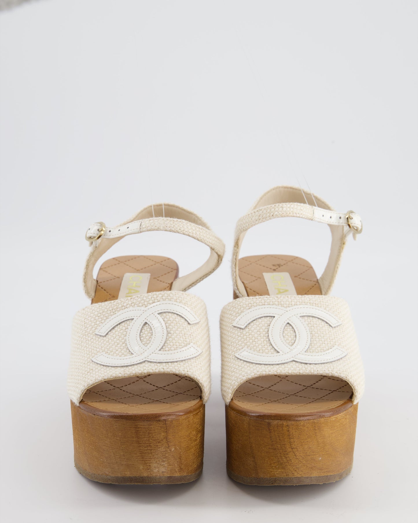 Chanel Cream and Brown Canvas Platform CC Wedge Sandals with Patent Logo Detail Size EU