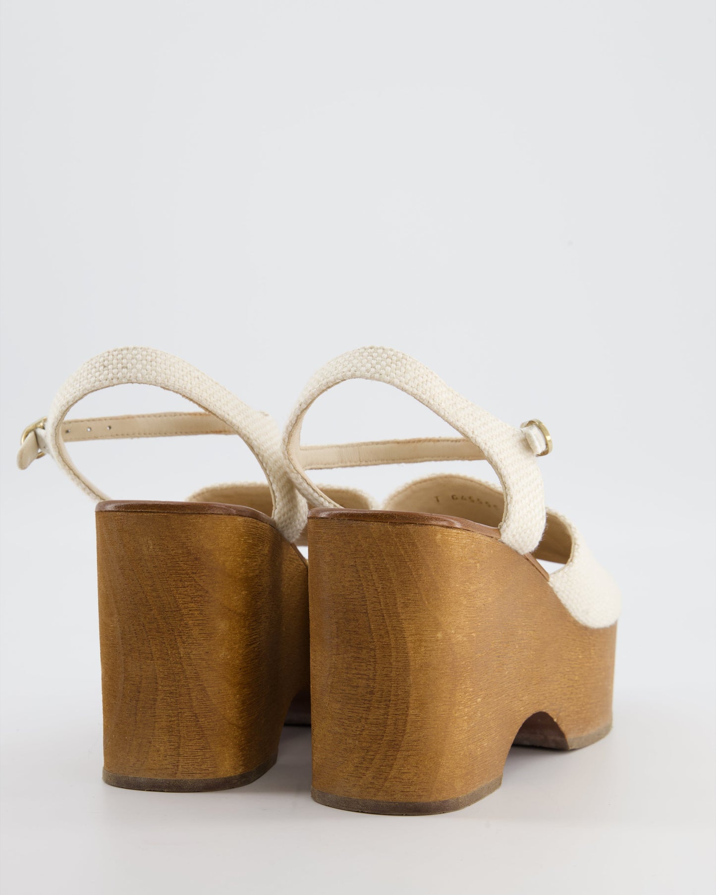 Chanel Cream and Brown Canvas Platform CC Wedge Sandals with Patent Logo Detail Size EU