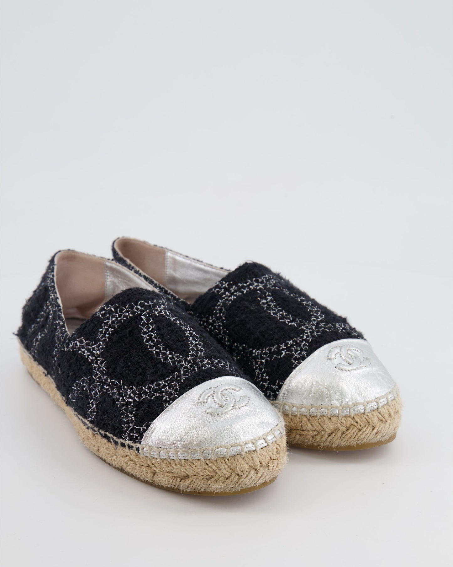 Chanel Black CC Tweed Espadrilles with Silver Metallic Logo Size EU 40 Hat