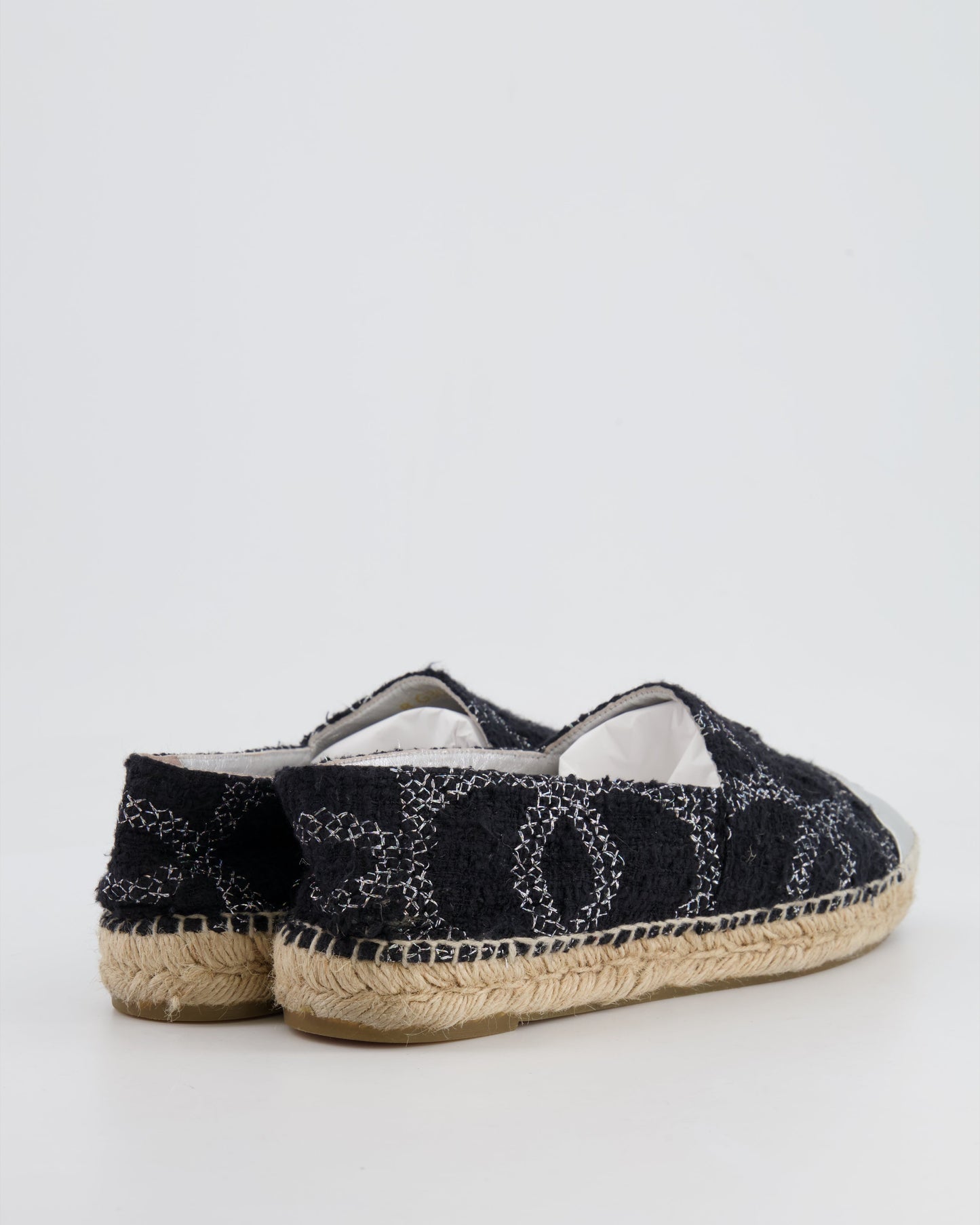 Chanel Black CC Tweed Espadrilles with Silver Metallic Logo Size EU 40 Hat