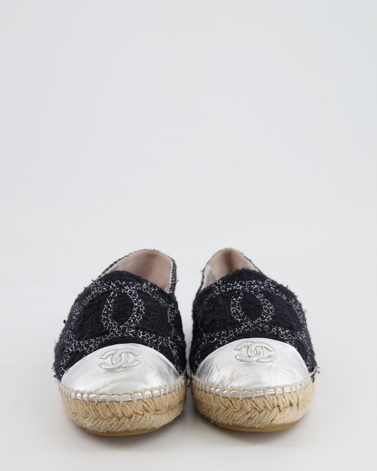 Chanel Black CC Tweed Espadrilles with Silver Metallic Logo Size EU 40 Hat
