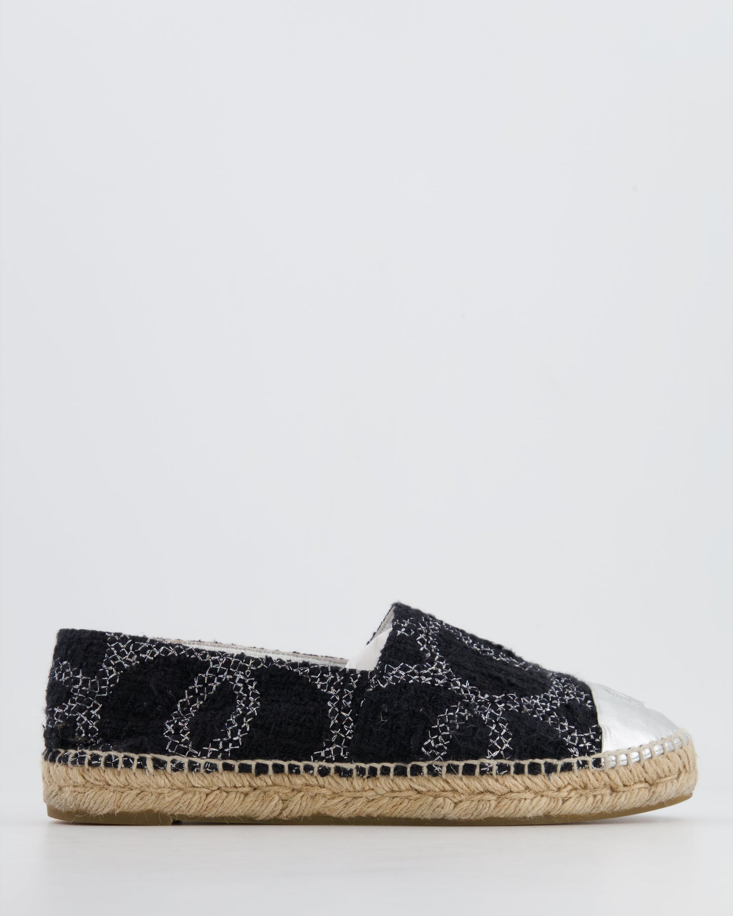 Chanel Black CC Tweed Espadrilles with Silver Metallic Logo Size EU 40 Hat