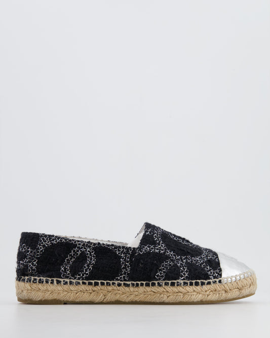 Chanel Black CC Tweed Espadrilles with Silver Metallic Logo Size EU 40 Hat