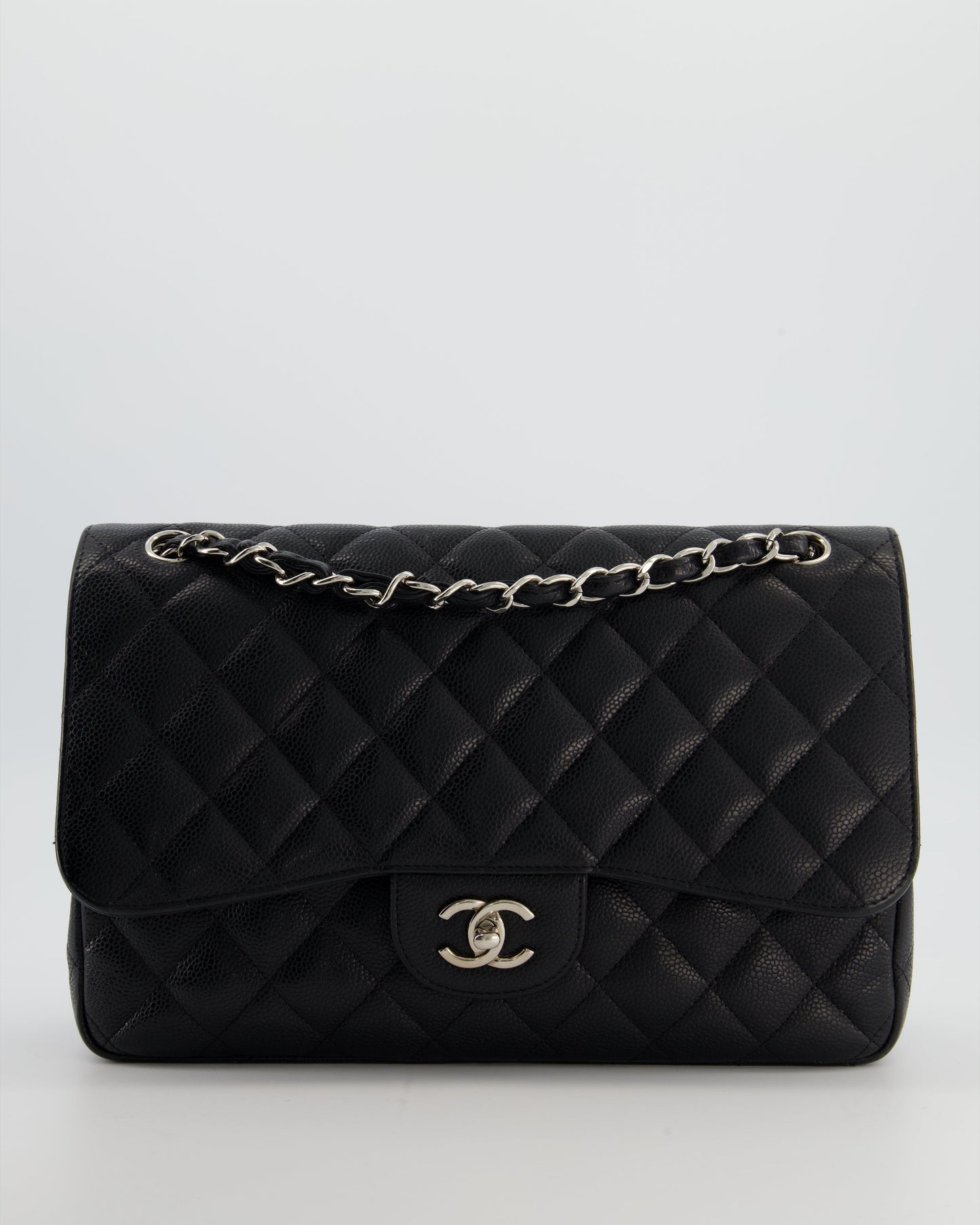 Black Jumbo Classic Double Flap Bag in Caviar Leather with Silver Hardware Classic