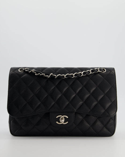 Black Jumbo Classic Double Flap Bag in Caviar Leather with Silver Hardware Classic