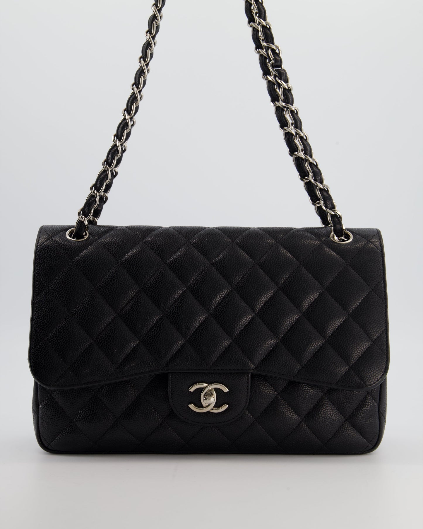 Black Jumbo Classic Double Flap Bag in Caviar Leather with Silver Hardware Classic