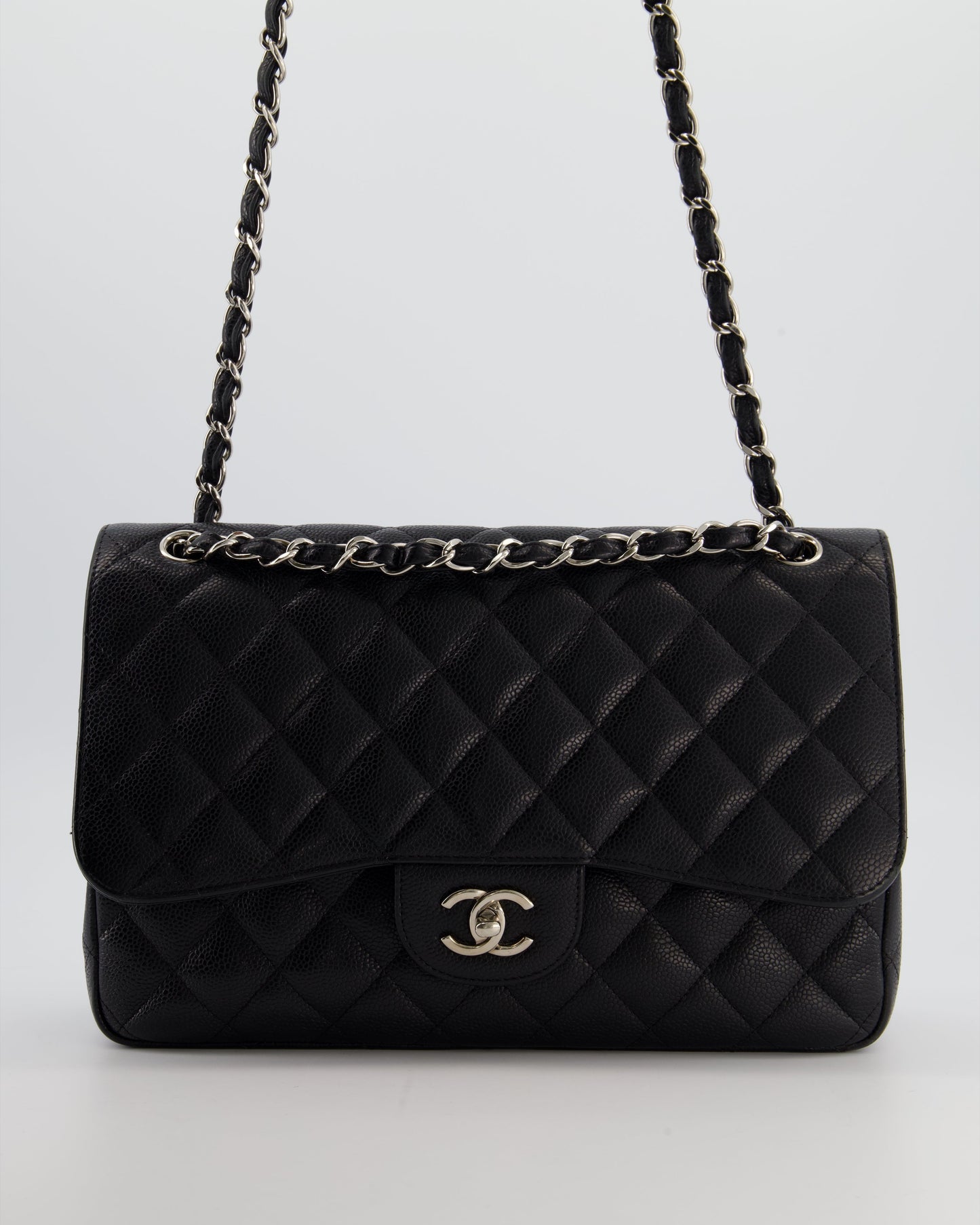 Black Jumbo Classic Double Flap Bag in Caviar Leather with Silver Hardware Classic