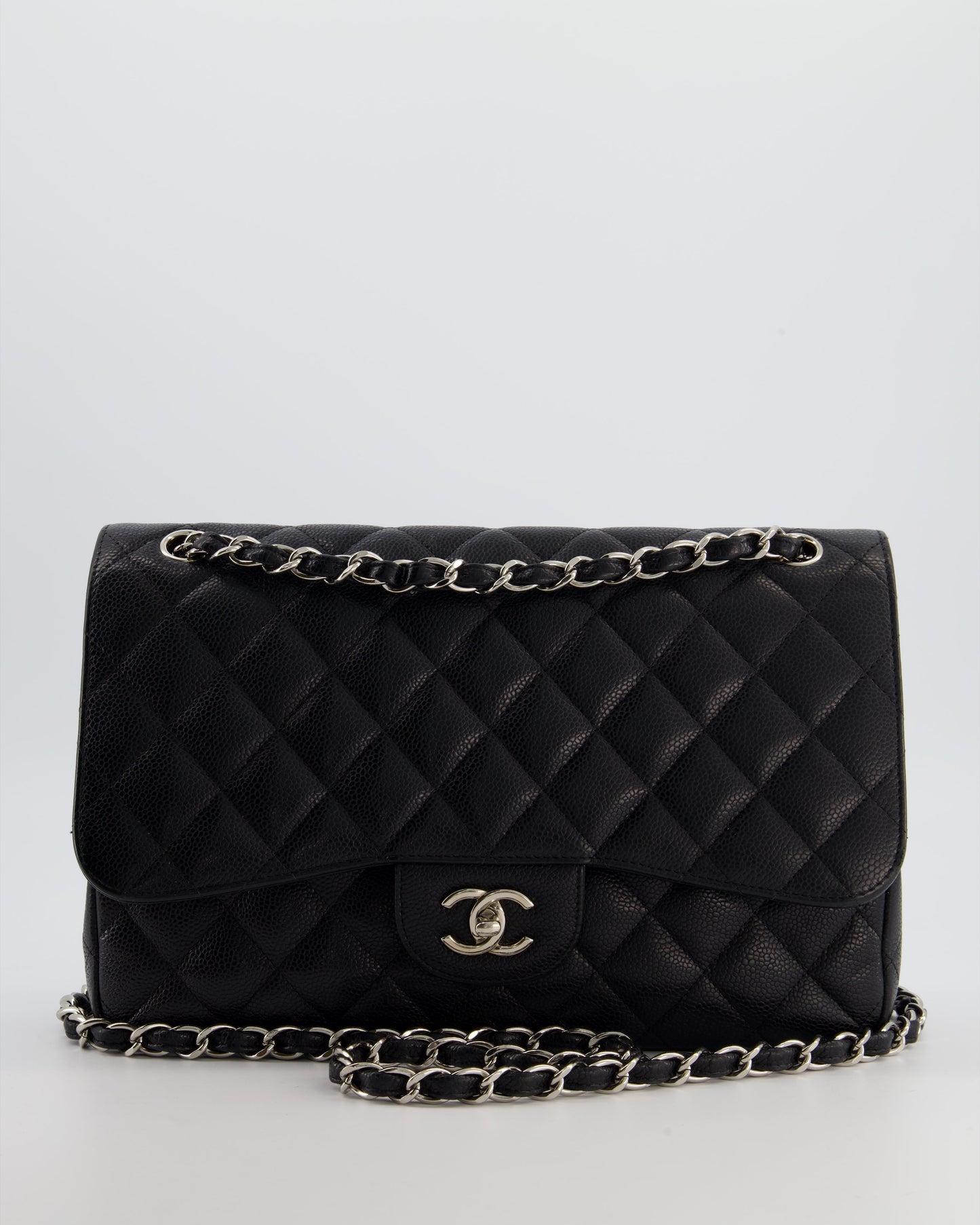 Black Jumbo Classic Double Flap Bag in Caviar Leather with Silver Hardware Classic