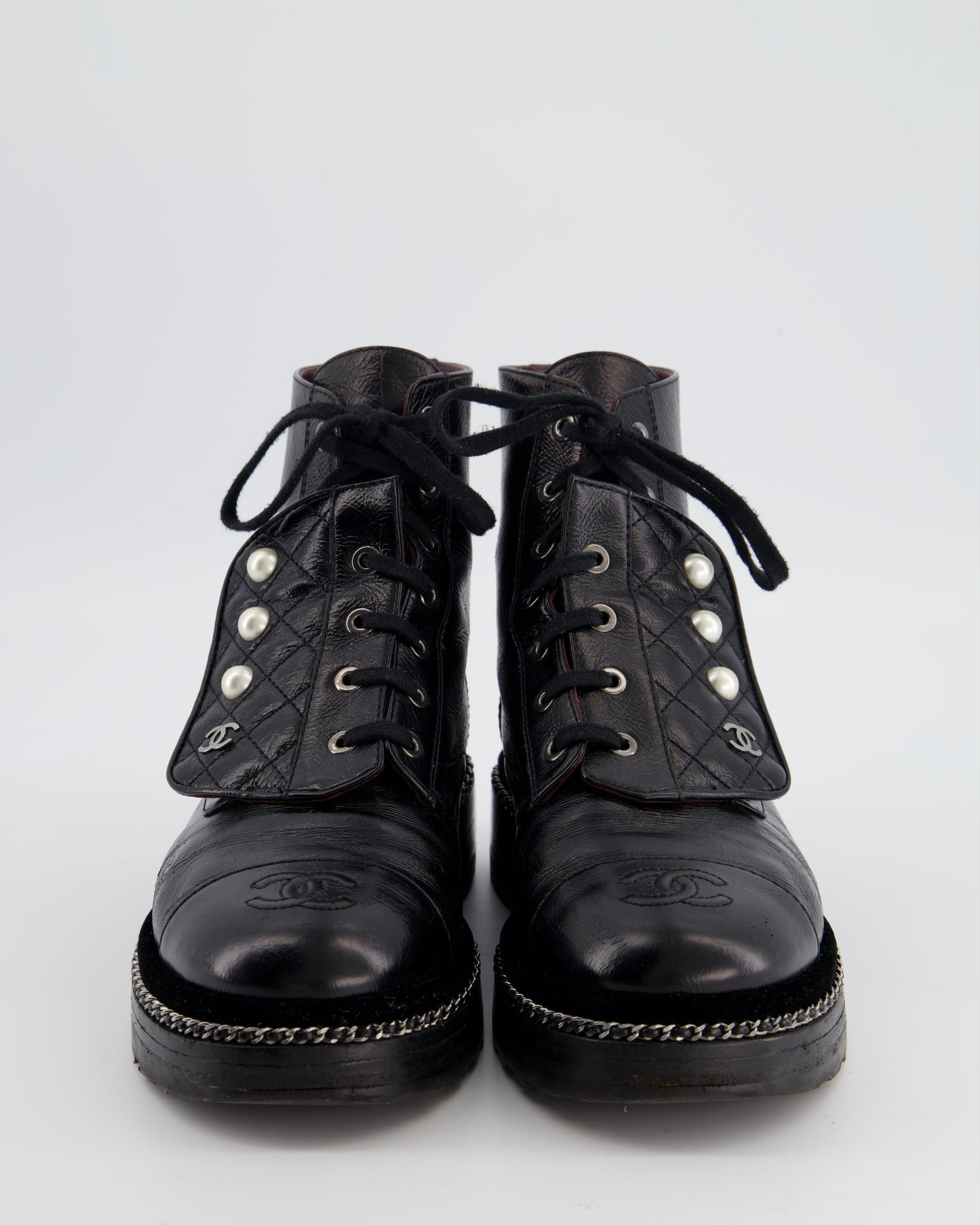 Chanel Black Aged Calfskin Boots with Velvet Trim, Chain Detail Pearl Details and CC Logo Size EU 40