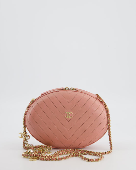 Chanel 2019 Pink Runway La Pausa Round Evening in Chevron with Gold Hardware and Charm Chain