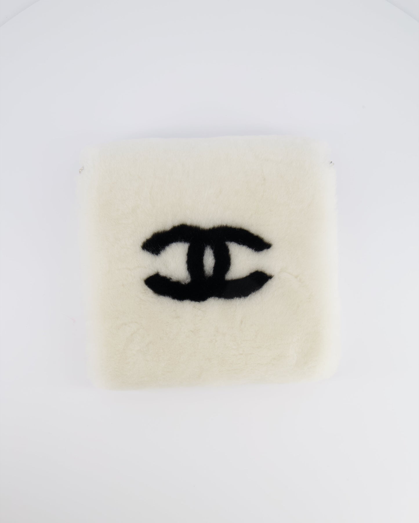 Chanel *HOT* Coco Neige 25/26 Ecru and Black Shearling Lambskin Muff with Black CC Logo and Champagne Gold Chain Detail Accessory