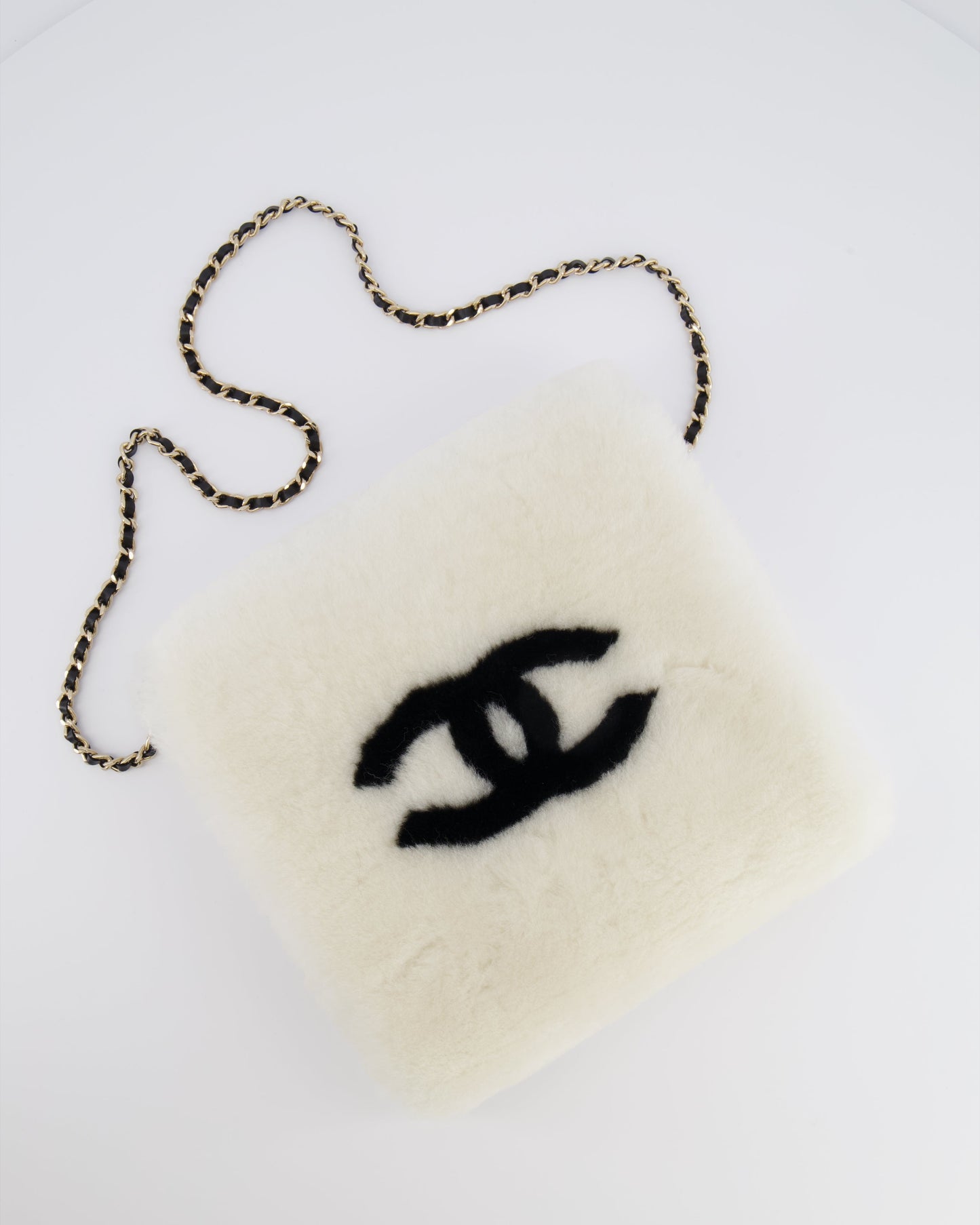 Chanel *HOT* Coco Neige 25/26 Ecru and Black Shearling Lambskin Muff with Black CC Logo and Champagne Gold Chain Detail Accessory